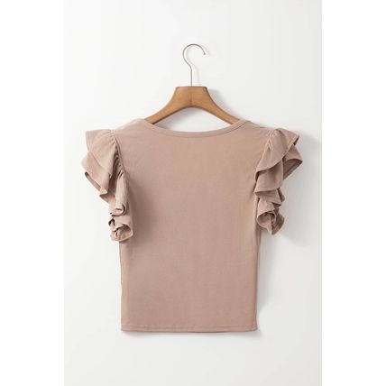 Smoke Gray Ribbed Knit Ruffled Shoulder Slim Fit Tank Top