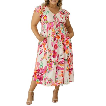 Pink Floral Print V Neck Ruffle Sleeve Plus Size Midi Dress