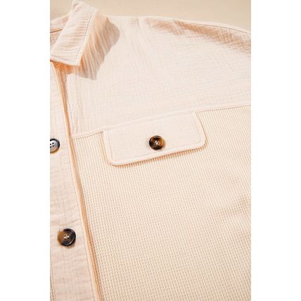 Beige Waffle Splicing Short Batwing Sleeve Flap Detail Shirt