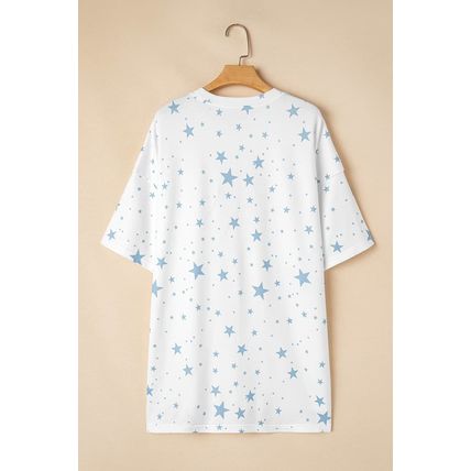 Sky Blue Stars Print Drop Shoulder Oversized T Shirt with Slits
