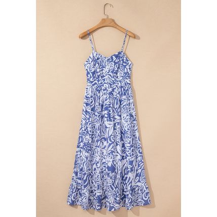 Sky Blue Floral Print Spaghetti Strap High Waist Maxi Dress