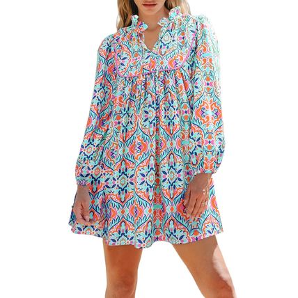 Sky Blue Abstract Printed Long Sleeve Tied Neckline Mini Dress