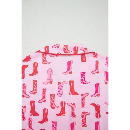 Pink Western Cowgirl Boots Printed Shirt Ruffled Shorts Pajama Set