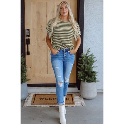 Green Stripe Textured Side Slits Crew Neck T Shirt