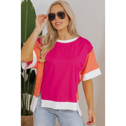Rose Red Color Block Patchwork Side Slits Loose Fit T Shirt