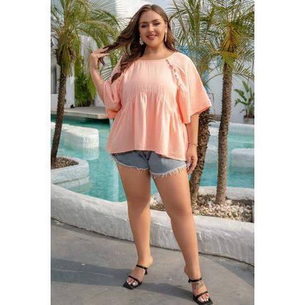Apricot Pink Plus Size Textured Wide Short Sleeve Babydoll Blouse
