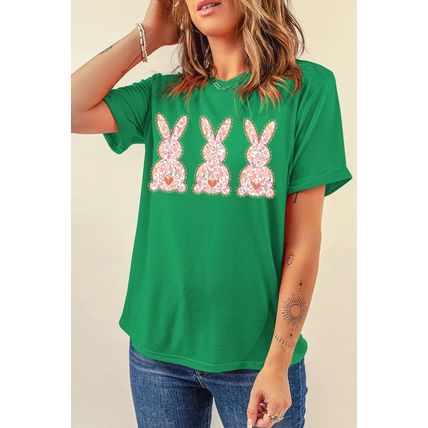 Bright Green Easter Floral Rabbit Print Crew Neck T Shirt