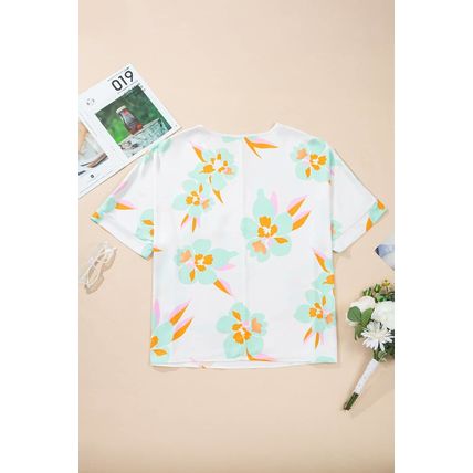 Green Floral Print Loose Fit V Neck Half Sleeve Blouse