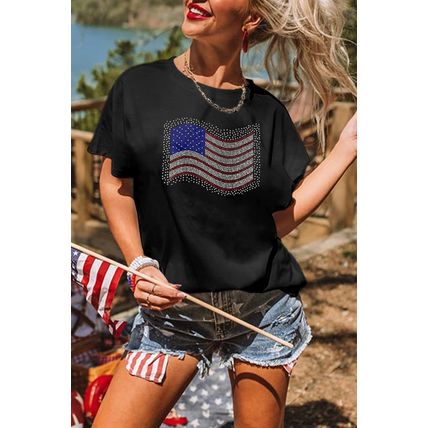 Black Rhinestone American Flag Casual Round Neck Tee