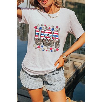 White Patriotic Star Leopard USA Letter Graphic T Shirt