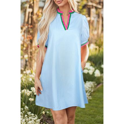 Myosotis Contrast Striped Notched V Neck Puff Sleeve Mini Dress