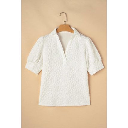 White Textured Puff Half Sleeve Collared V Neck Top