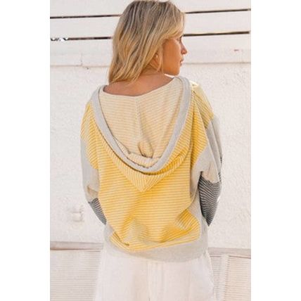 Yellow Stripe Color Block Drawstring V Neck Loose Fit Hooded Top