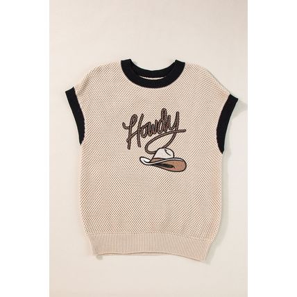 Light French Beige Howdy Cowboy Hat Embroidered Short Sleeve Sweater