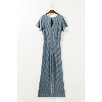 Dusk Blue Ribbed Keyhole Short Sleeve Wide Leg Jumpsuit
