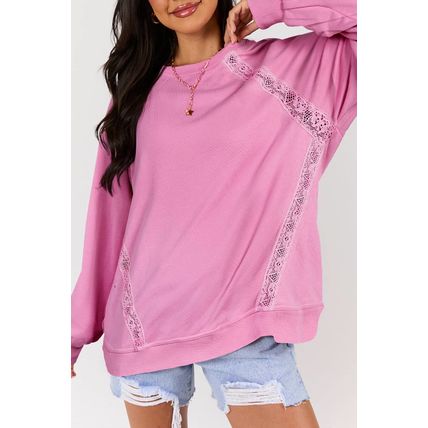 Bright Pink Lace Patched Raglan Sleeve Loose Fit Sweatshirt