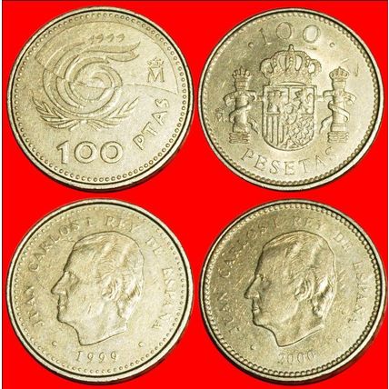 SET 2 PRE-EURO COINS ★ SPAIN ★ 100 PESETAS 1999, 2000! LOW START ★ NO RESERVE!!!