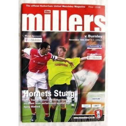 2002 programme Rotherham United v. Burnley, centrefold Paul Varne