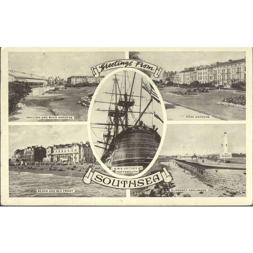 Vintage PC 1952 - Greetings From Southsea Multi-view, Portsmouth, Hampshire