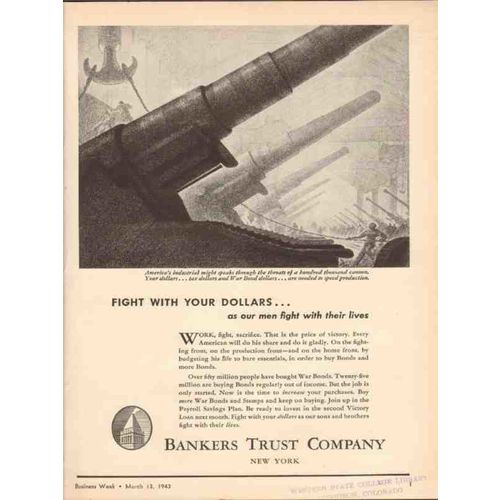 BANKERS TRUST COMPANY 1943 Work Fight Sacrifice Victory WW2 vintage ad