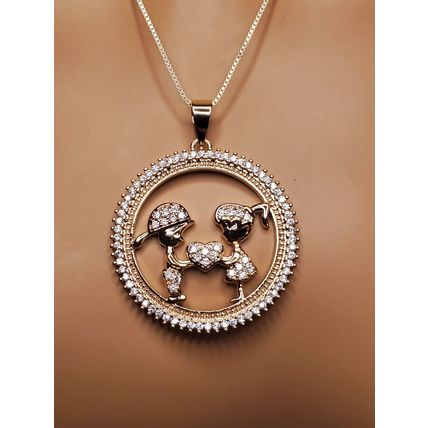 Mother's Day Necklace - Boy & Girl Holding Heart in Circle of CZ