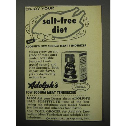 1955 Adolph's Low Sodium Meat Tenderizer Ad - Enjoy your salt-free diet