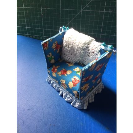 Chair Blue Teddies Handmade with Crocheted Shawl 1:12th Dolls House Miniature