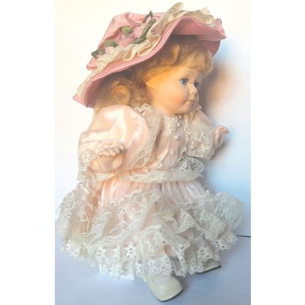 LEONARDO PORCELAIN DOLL - PINK SATIN DRESS - WHITE LACE 32 cm sitting VERY GOOD