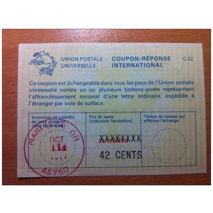 USA 42 cents sur 26 cents 11/10/1977 UPU COUPON-REPONSE INTERNATIONAL C22 C 22