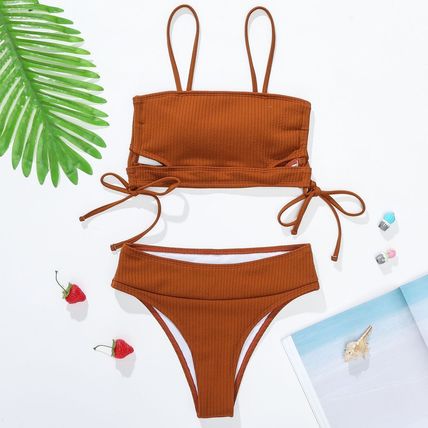 New sexy high-waisted for bikini women with striped ribbed fabric and tie straps