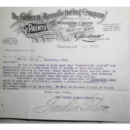 1903 Goheen Manufacturing Company Sales letter & brochure: "Carbonizing Coating"