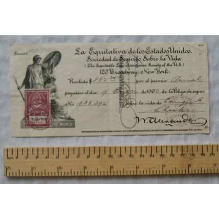 1900 receipt with revenue La Eqyitativa de los Estados Unidos, NY, Argentina