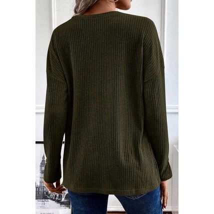 Jungle Green Rib Textured Henley Knit Top