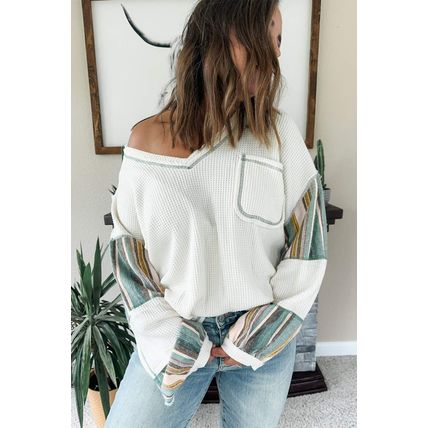 White Striped Patchwork Exposed Seam Waffle Knit Top