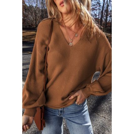 Camel Ribbed Knit Drop Sleeve V Neck Loose Fit Sweater