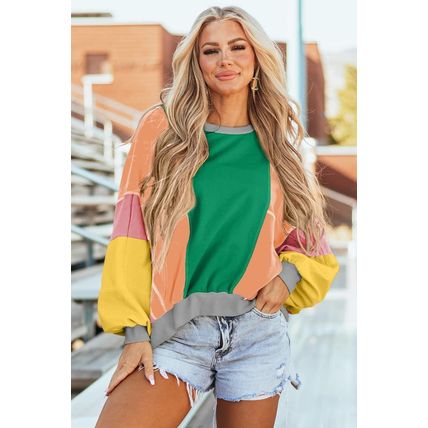 Dark Green Colorblock Patchwork Exposed Stitching Oversize Top