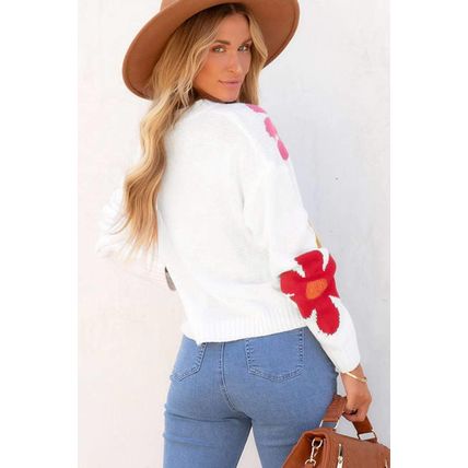 White Colorful Big Flower Pattern Crewneck Sweater