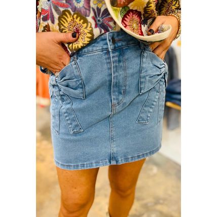 Dusk Blue Acid Wash Bowknot Details High Waist Denim Skirt