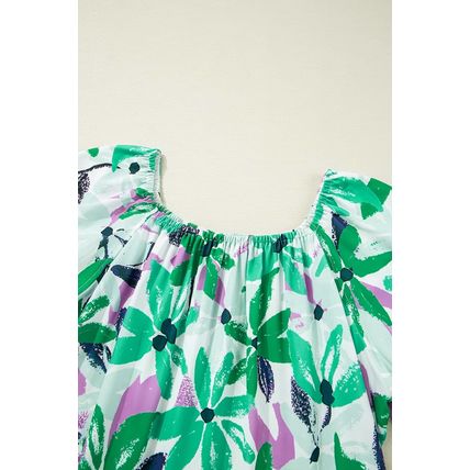 Green Floral Print Shirred Square Neck Loose Fit Mini Dress