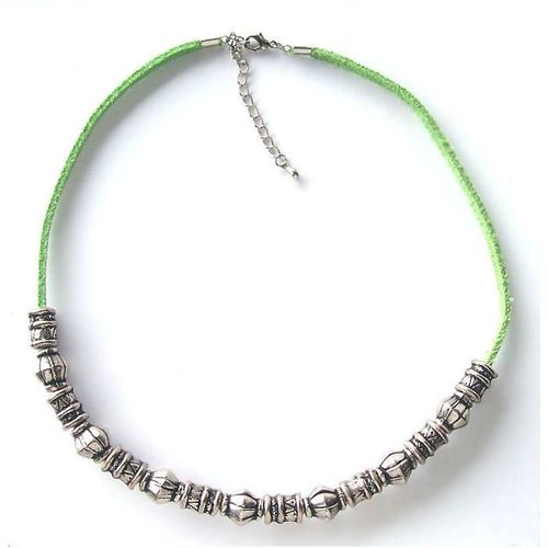 Choker #007 metal beads on green leather strip 16 inch unisex fashion jewelry