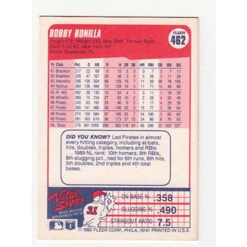 1990 Fleer Bobby Bonilla baseball card #462 – Pirates
