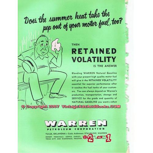 WARREN PETROLEUM CORP 1955 motor fuel retained volatility vintage ad