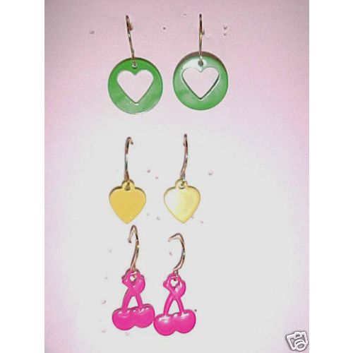 Heart Earrings Yellow Green Neon Pink Cherries SET of 3 Pierced Earrings 1"