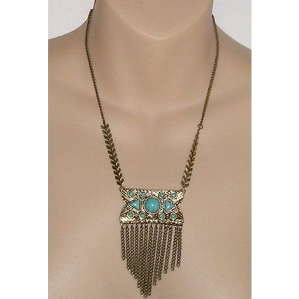 Cruise Club - Aqua & Brass Necklace with Linked Chain Fringe - NEW