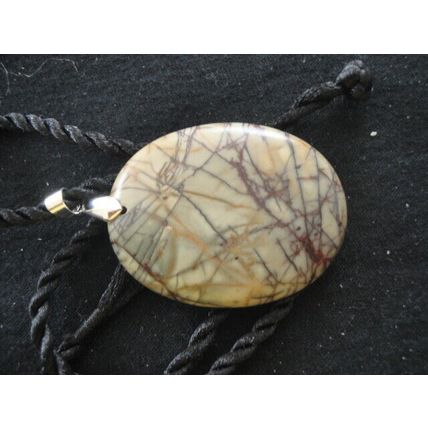 One off oval spiderweb jasper pendant & black woven necklace