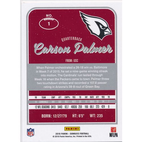 2016 Donruss Football 1 Carson Palmer Arizona Cardinals