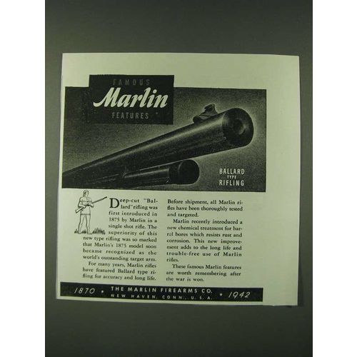 1942 Marlin Firearms Ad - Famous Marlin Features Ballard Type Rifling