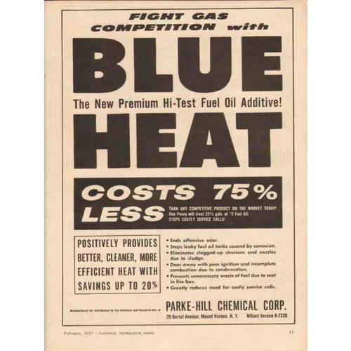 PARK-HILL CHEMICAL CORP 1957 Blue Heat fuel oil additive vintage ad