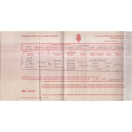 1973 copy of BIRTH CERTIFICATE for Dudley Richard Forwood born 1912,Chelsea.