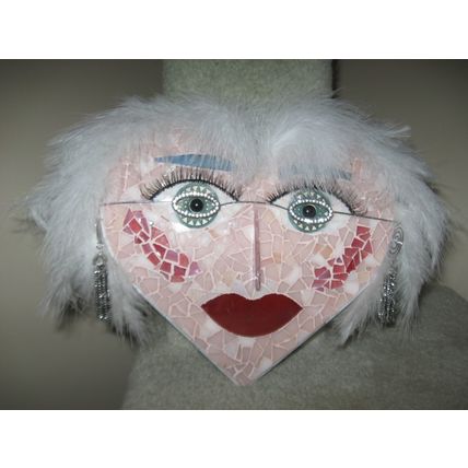 Glitzy FEMALE FACE Wood Base Glass Sculpture Mosaic Hanging Wall Decoration OOAK
